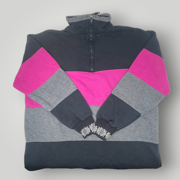 Vtg Pacer Petite Medium 1/4 zip Pullover Colorblock Snowflake Pink Black Gray - Picture 1 of 5